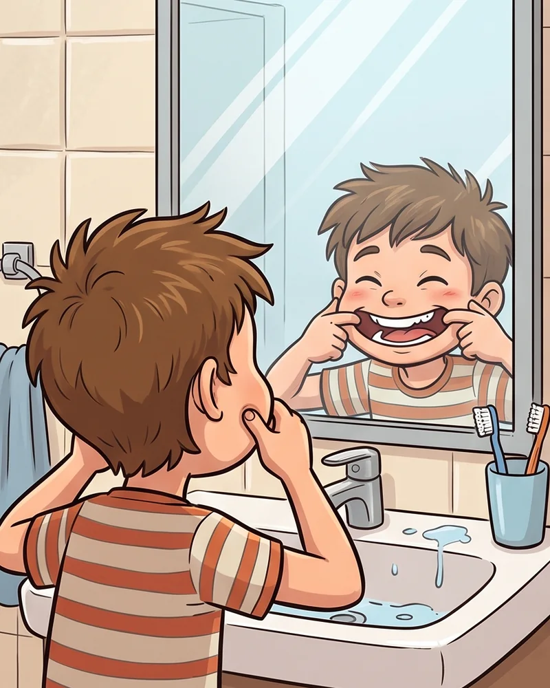 Ilustrasi anak laki-laki di depan cermin kamar mandi menarik kedua sudut mulutnya dengan jari sambil tertawa melihat bayangannya