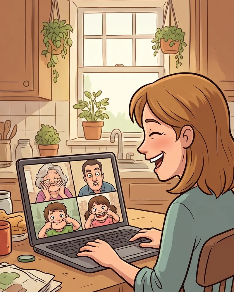 Ilustrasi layar laptop berisi video call keluarga, nenek, ayah, dan dua anak membuat muka lucu sementara seorang ibu tertawa di depan laptop