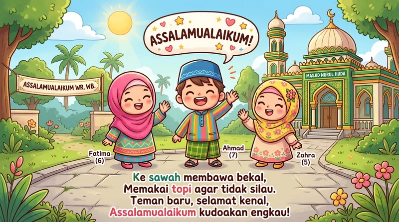 Ilustrasi pantun assalamualaikum lucu untuk anak-anak dengan karakter kartun yang menggemaskan