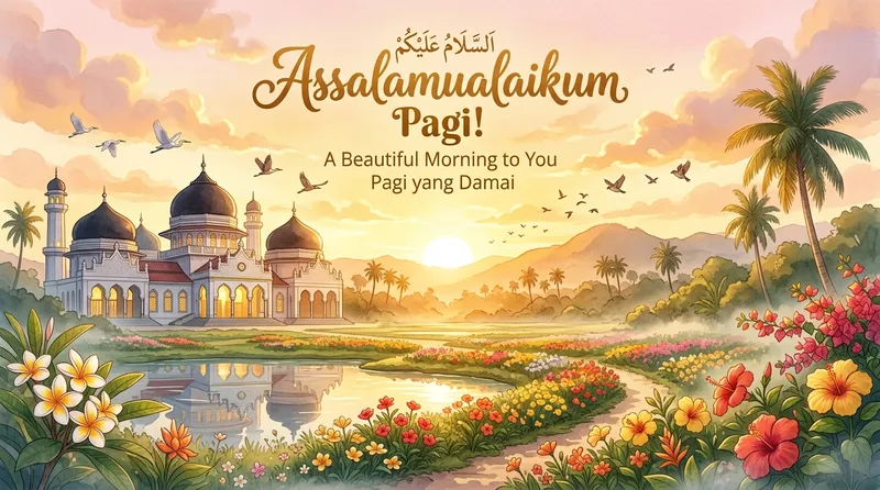 Ilustrasi pantun assalamualaikum lucu untuk sapaan pagi dengan nuansa matahari terbit yang cerah