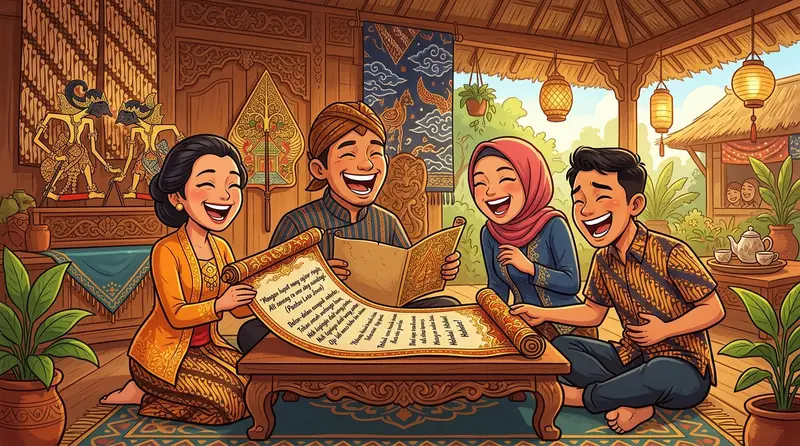 Ilustrasi pantun bahasa Jawa lucu dengan latar budaya Jawa yang khas