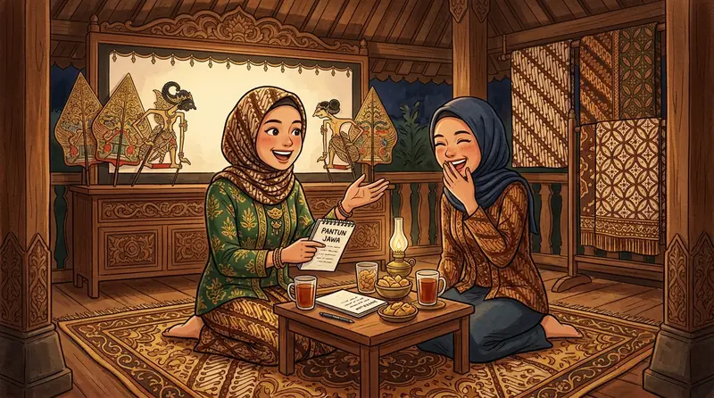 Ilustrasi pantun bahasa Jawa untuk teman dengan latar perdesaan Jawa yang indah