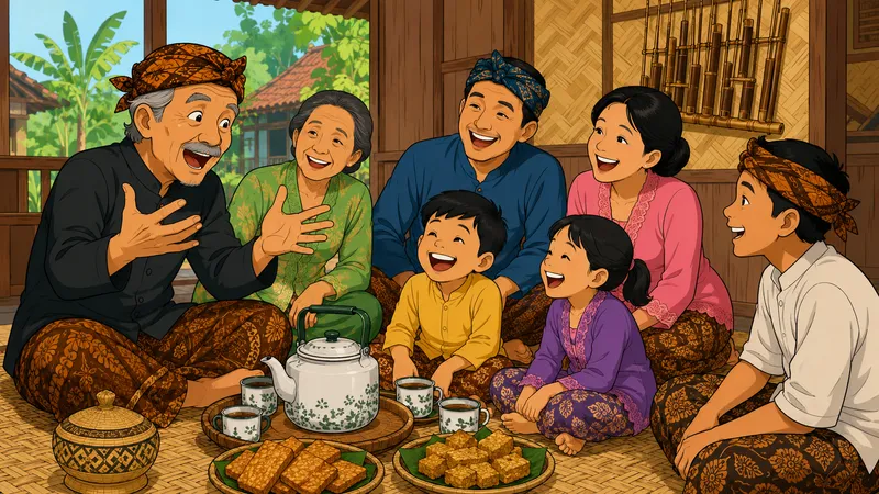 Ilustrasi kartun keluarga Sunda berkumpul di rumah kampung sambil tertawa mendengar pantun