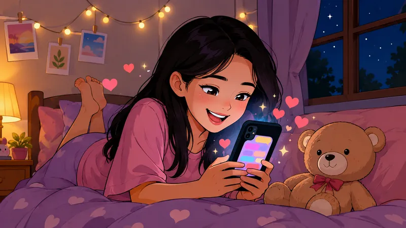 Ilustrasi kartun perempuan muda tertawa membaca pantun cinta lucu di ponsel sebelum tidur