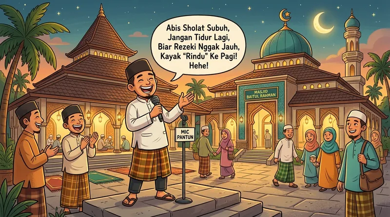 Ilustrasi pantun doa Islami yang lucu dengan nuansa langit biru dan masjid