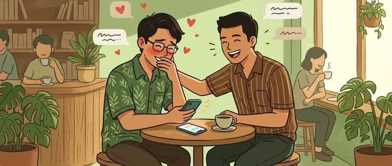 Ilustrasi cowok tersipu menutup mulut sambil membaca pesan di HP, temannya tertawa di sebelahnya di kafe