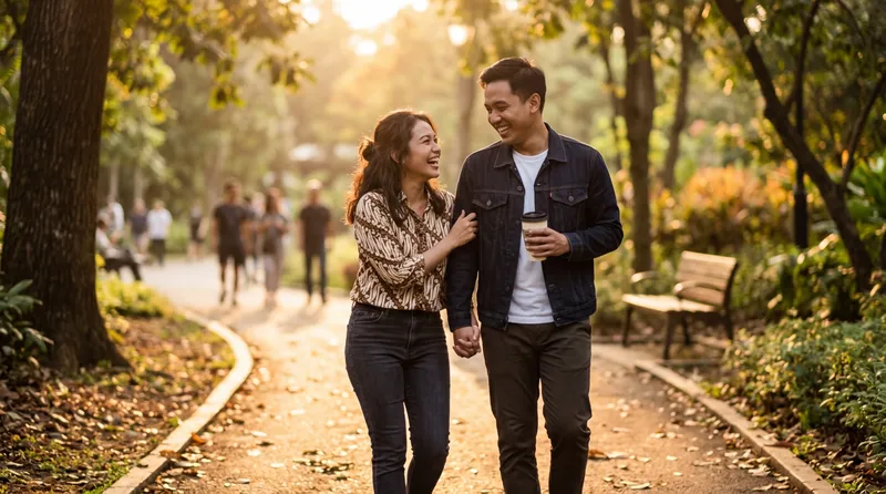 Pasangan muda Indonesia berjalan di taman sambil tertawa dan bercanda