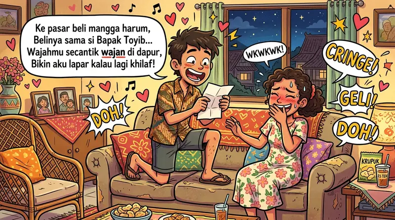 Ilustrasi pantun lucu cinta dengan dua karakter kartun yang lucu dan bersajak