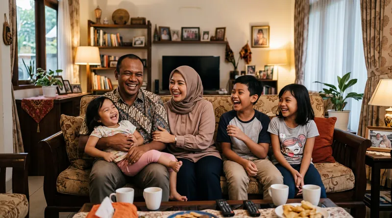 Keluarga Indonesia tertawa bersama di ruang tamu saat kumpul keluarga