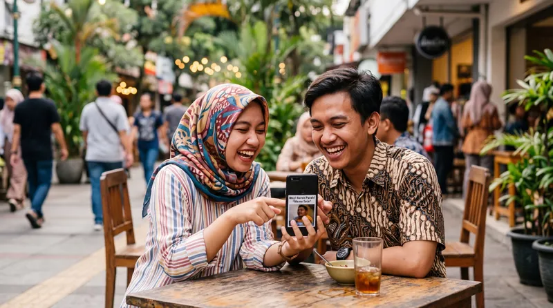 Dua orang muda Indonesia tertawa membaca pantun lucu di smartphone