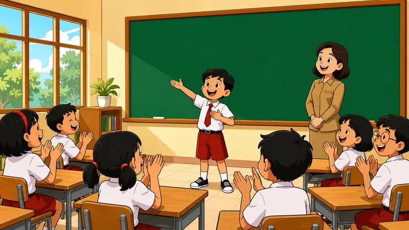Ilustrasi kartun siswa sekolah dasar membacakan pantun singkat di depan kelas
