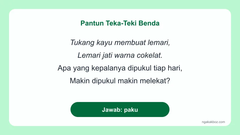 Kartu pantun teka-teki bertema benda berisi empat baris pantun tukang kayu dengan jawaban paku