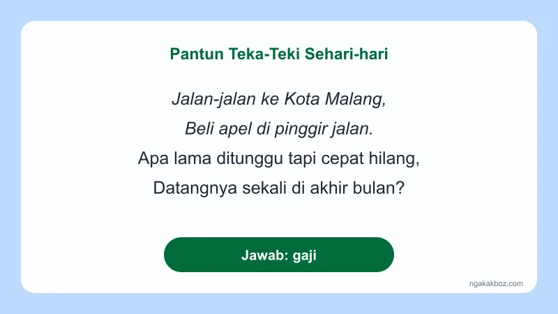Kartu pantun teka-teki kehidupan sehari-hari berisi pantun Kota Malang dengan jawaban gaji