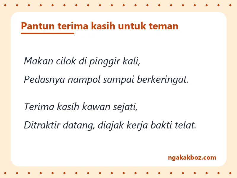 Kartu pantun berwarna oranye berisi pantun terima kasih lucu untuk teman yang suka ditraktir