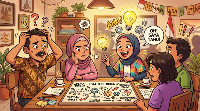 Ilustrasi pertanyaan lucu menjebak logika dengan ekspresi bingung dan lightbulb