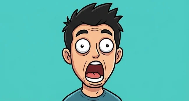 PP meme lucu kartun cowok dengan mata melotot dan mulut menganga kaget di latar tosca