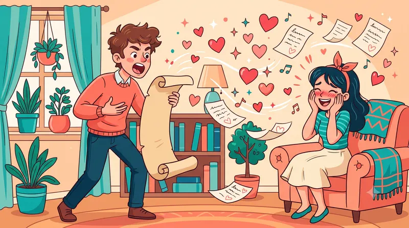 Ilustrasi kartun orang tersenyum sambil membaca puisi lucu dari layar ponsel