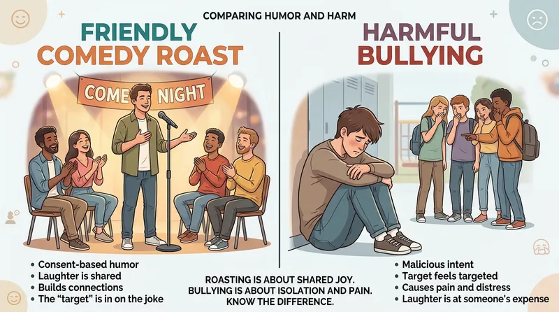 Ilustrasi perbedaan roasting dan bullying dalam konteks humor dan pertemanan