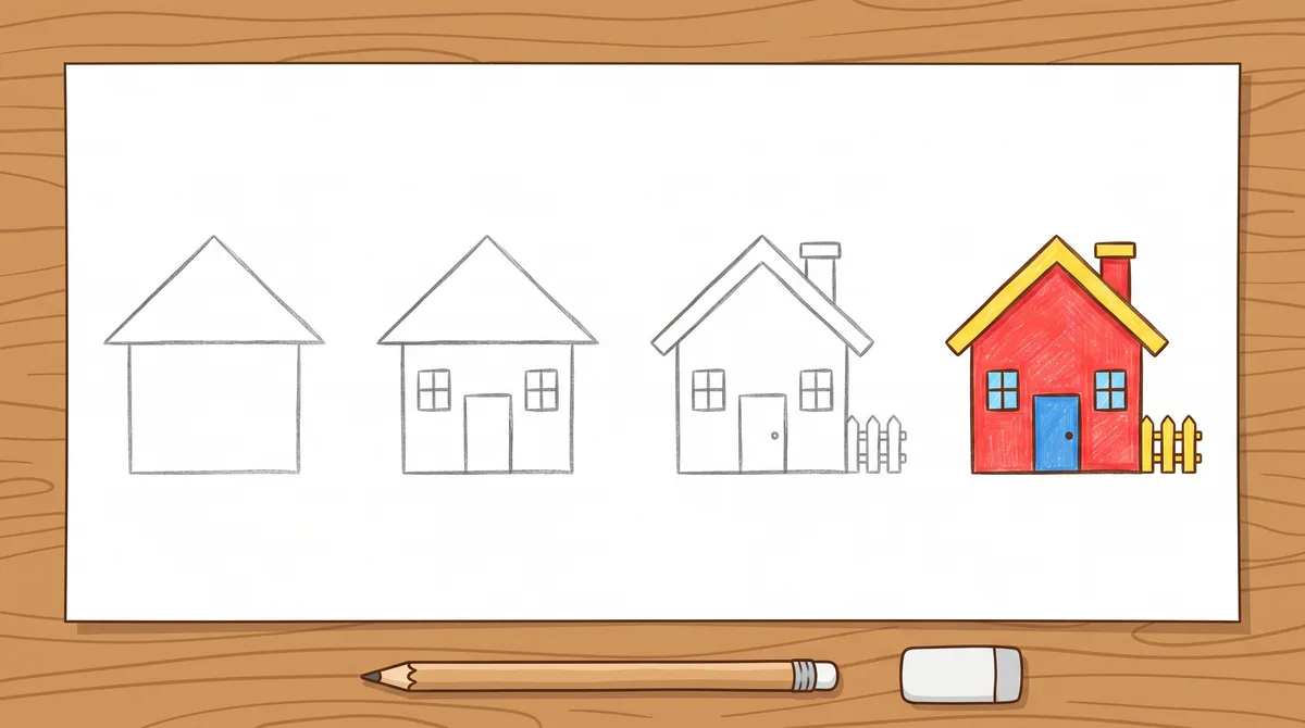 Ilustrasi empat tahap menggambar rumah kartun dari kotak dan segitiga sampai rumah berwarna