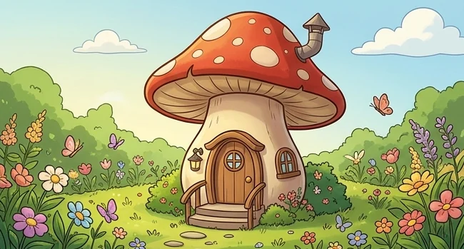 Gambar rumah animasi berbentuk jamur merah bintik putih dengan pintu kayu bundar di padang bunga
