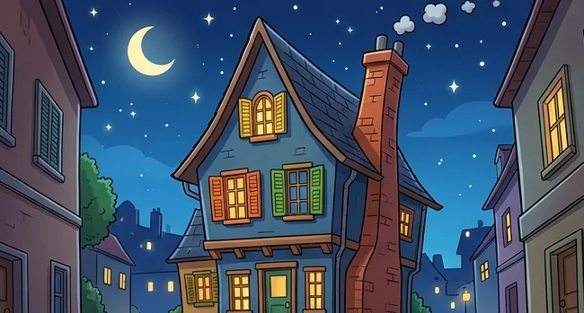 Gambar rumah animasi biru bercerobong bata miring di gang kota pada malam berbulan sabit