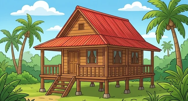 Gambar rumah animasi berupa rumah panggung kayu beratap seng merah di antara pohon kelapa