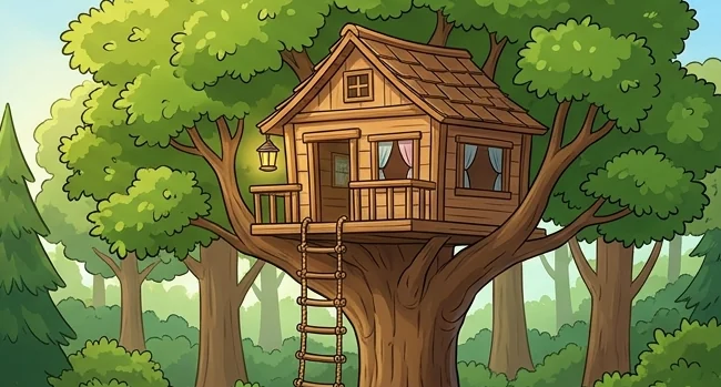 Gambar rumah animasi berupa rumah pohon kayu dengan tangga tali di pohon rindang