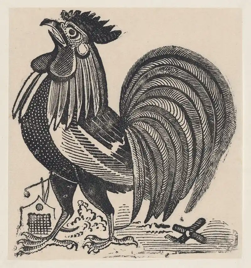 Gambar ayam jago berkokok bergaya cukil kayu hitam putih karya José Guadalupe Posada