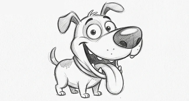 Sketsa kartun lucu anjing berkepala besar menjulurkan lidah digambar dengan pensil