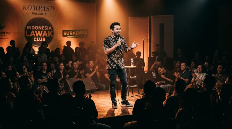 Stand up comedy Indonesia - komika di atas panggung dengan mikrofon
