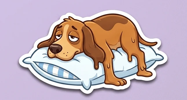 Stiker kocak anjing cokelat lemas meleleh di atas bantal dengan garis tepi putih