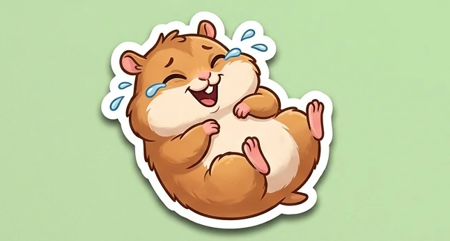 Stiker kocak hamster berguling tertawa sampai menangis dengan garis tepi putih