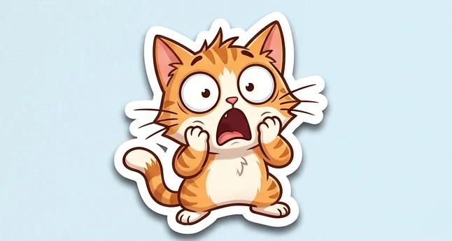 Stiker kocak kucing oranye kaget dengan mata melotot dan mulut menganga, bergaris tepi putih