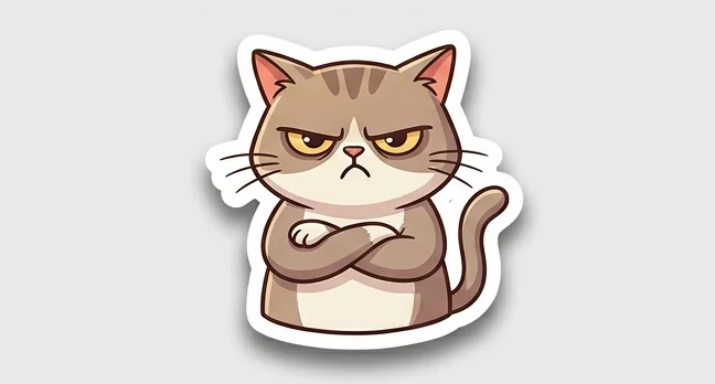 Stiker kucing meme cemberut bersedekap dengan garis tepi putih