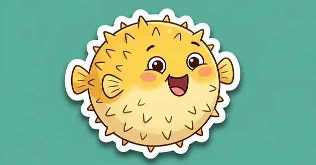 Stiker WA bertema bawah laut berupa ikan buntal kuning tersenyum dengan garis tepi putih