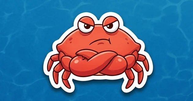 Stiker WA bertema bawah laut berupa kepiting merah cemberut bersedekap dengan garis tepi putih