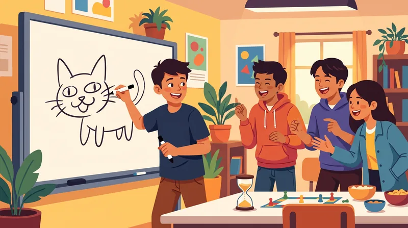 Ilustrasi remaja menggambar cepat di papan tulis sementara timnya tertawa menebak gambar