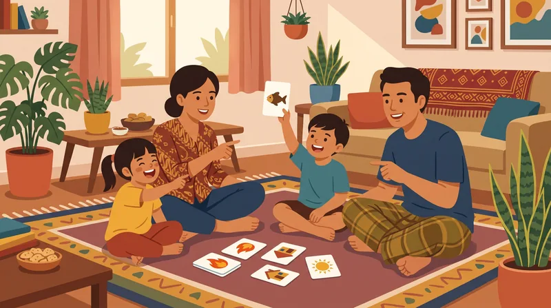 Ilustrasi keluarga bermain tebak gambar lucu dengan kartu bergambar simbol di ruang tamu