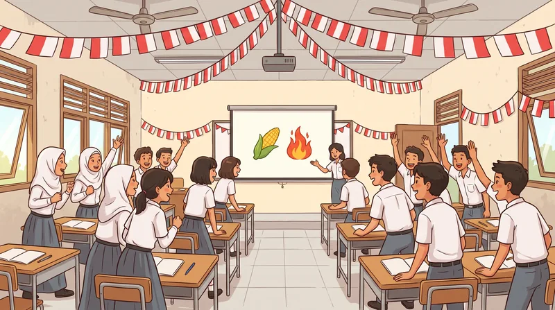 Ilustrasi siswa berebut angkat tangan menjawab tebak gambar lucu di layar proyektor saat lomba 17an