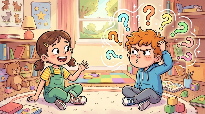 Ilustrasi dua anak lucu sedang bermain tebak-tebakan dengan ekspresi bingung dan tanda tanya melayang