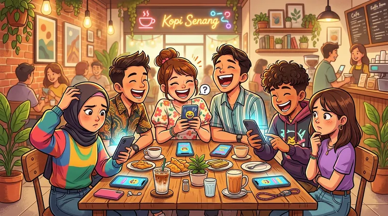 Ilustrasi anak muda Indonesia nongkrong di kafe sambil ketawa main tebak-tebakan di HP