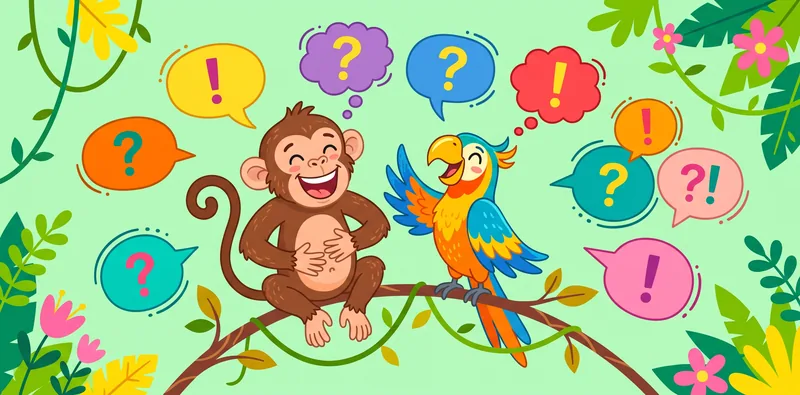 Ilustrasi kartun monyet dan burung beo tertawa dikelilingi balon percakapan berisi tanda tanya