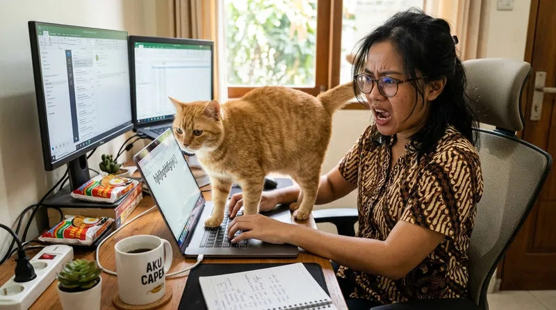 Video kucing lucu duduk di laptop menghalangi pemilik yang sedang bekerja