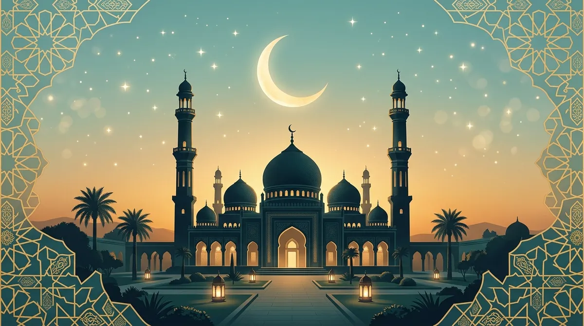 Wallpaper islami estetik siluet masjid dengan bulan sabit dan ornamen geometris