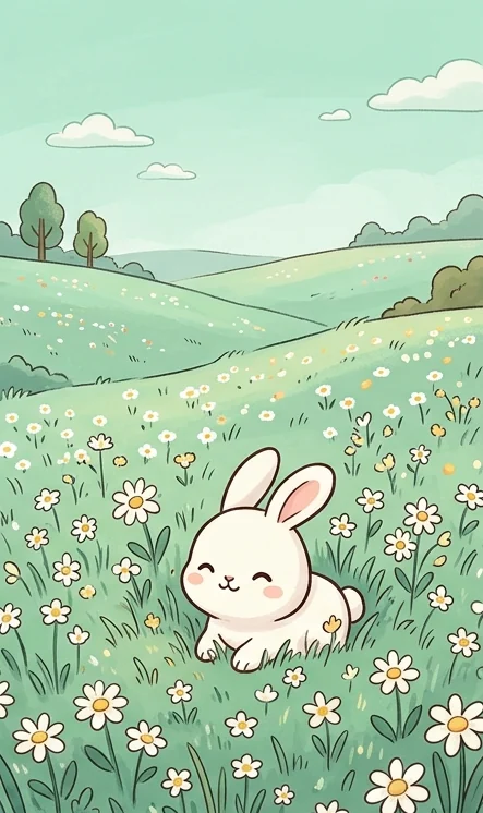 Wallpaper lucu dan cantik format HP berupa kelinci putih di padang rumput hijau penuh bunga daisy