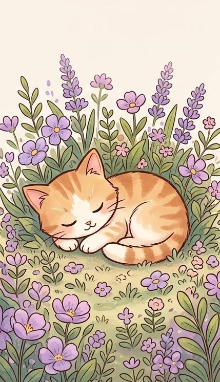 Wallpaper lucu dan cantik format HP berupa kucing oranye tidur melingkar di antara bunga ungu